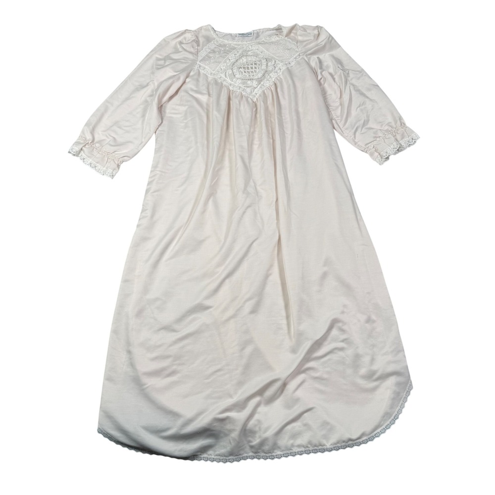 Willow Creek Vintage Nightgown Pink Lace Crochet Yoke 3/4 Sleeve Made in USA
